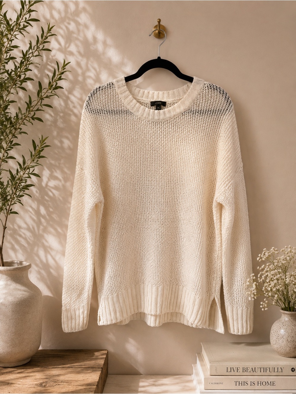 J.Crew 100% Linen Ivory Open Knit Sweater L
